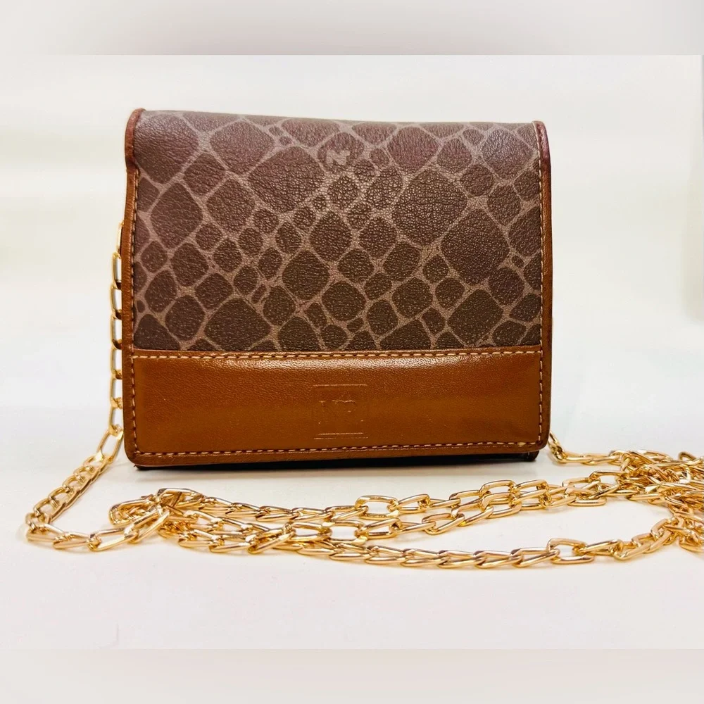 Nina Ricci Small Brown Leather Animal Print Wallet W/Optional Crossbody Chain - Picture 1 of 9